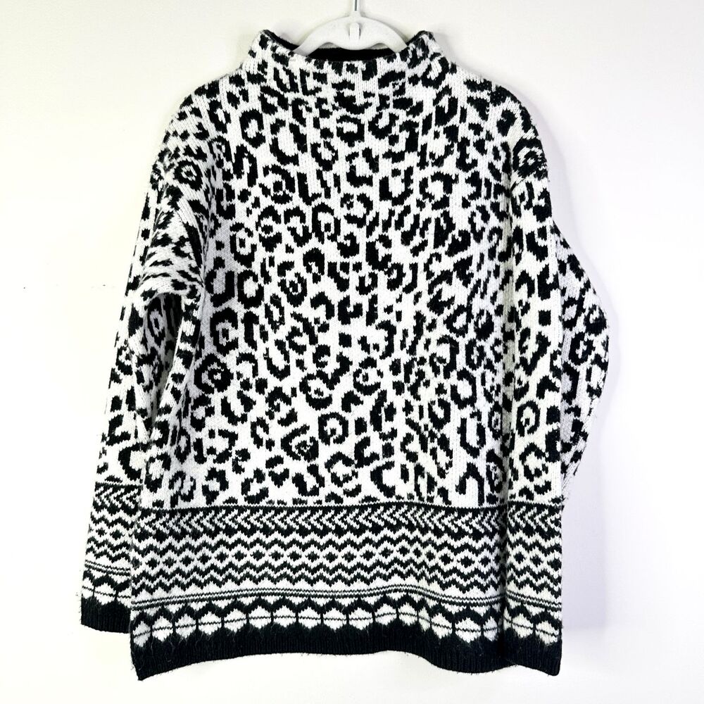 Ann Taylor Sweater Women M Black White Leopard Mock Neck Tunic Boho Cottage